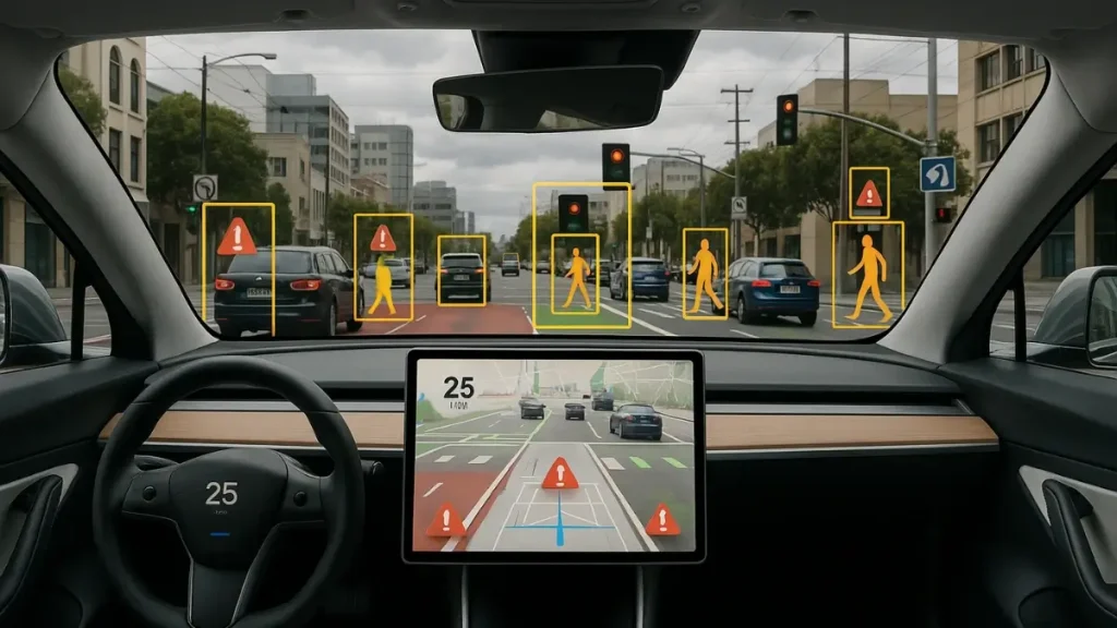 Futuristic autonomous cars on the road with nervous pedestrians