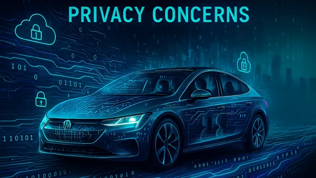 Futuristic autonomous cars on the road with nervous pedestrians